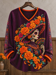 Women's Mexico Day of The Dead Floral Art Printed Tops