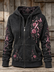 Women's Vintage Pink Ribbon Gothic Cross & Butterflies Roses Floral Print Full Zip Hoodie