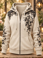 Women's Retro Christian Floral Cross Art Print Casual Zip-Up Hoodie