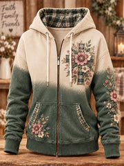 Women's Retro Christian Floral Cross Art Print Casual Zip-Up Hoodie