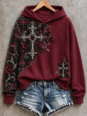 Women's Retro Christian Floral Cross Art Print Casual Hoodie