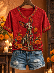 Women's Mexico Day of The Dead Floral Art Printed T-shirt