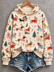 Women's Colorful Christmas Dogs Print Comfy Hooded Sweatshirt