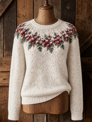 Women's Vintage Christmas Holly Garland & Snowflakes Yoke Print crew neck sweater