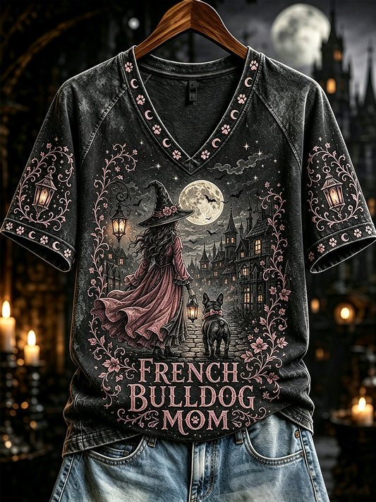 Women's Halloween French Bulldog Mom Witch Print V-neck Short-sleeved T-shirt