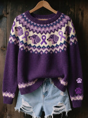 Women's Vintage Purple Ribbon & Dog Isle Pattern Print Cozy Sweater