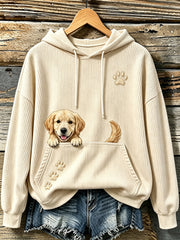 Women's Cute Peeking Golden Retriever & Paws Print Cozy Hooded Sweater