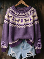 Women's Vintage Purple Ribbon & Dog Isle Pattern Print Cozy Sweater