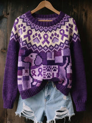 Women's Vintage Purple Ribbon & Dog Isle Pattern Print Cozy Sweater