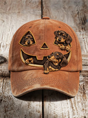 Unisex Halloween Lovely Peeking Dachshund Dogs Pumpkin Face Print Cap