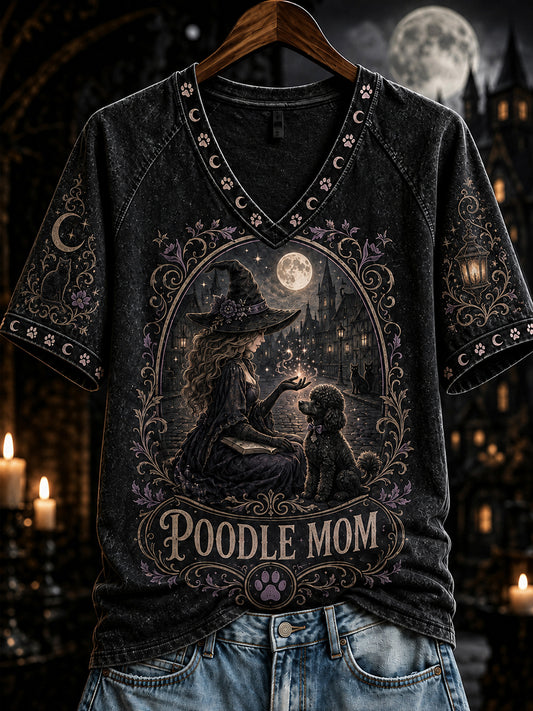 Women's Halloween Poodle Mom Witch Print V-neck Short-sleeved T-shirt