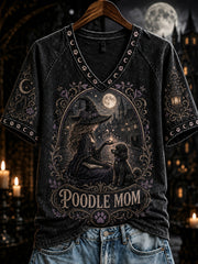 Women's Halloween Poodle Mom Witch Print V-neck Short-sleeved T-shirt