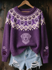 Women's Vintage Purple Ribbon & Dog Paws Isle Pattern Print Cozy Sweater