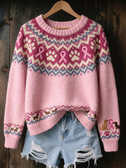 Women's Vintage Pink Ribbon & Dog Paws Isle Pattern Print Cozy Sweater