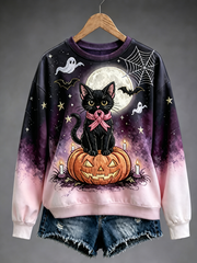 Women's Helloween Black Cat Printed Regular Sweatshirt