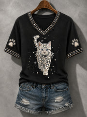 Women's Cat Print Cat Lovers Causal V-Neck Tee