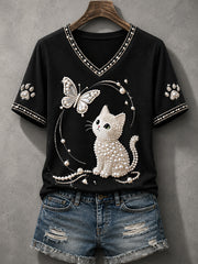 Women's Cute Cat Print Cat Lovers Causal V-Neck Tee