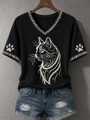 Women's Cat Print Cat Lovers Causal V-Neck Tee