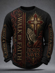 Men's Christian JESUS SAVES Cross Waffle Long Sleeve T-Shirt
