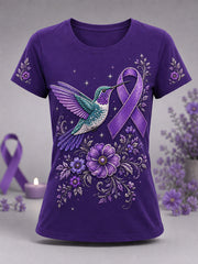 Women's Purple Floral & Hummingbird Print Alzheimer's Awareness Support Tee