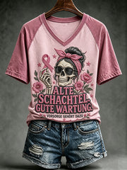 Women's Breast Cancer Awareness Funny Slogan Printed V-neck T-shirt