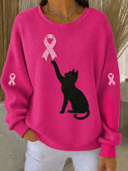 Women's Breast Cancer Awareness Black Cat Pink Ribbon Ribbed Round-Neck Sweatshirt
