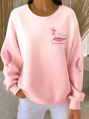 Women's  Breast Cancer Awareness Floral and Bird Design Ribbed Round-Neck Sweatshirt