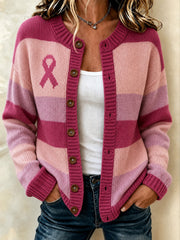 Women's Pink Color Block Design Casual Cardigan-Style Knit Jacket