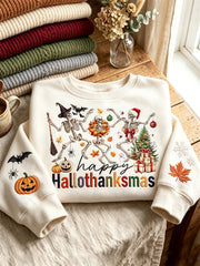 Women's Hallothanksmas Wonderful Time of A Year Holiday Season Skeletons Print Sweatshirt