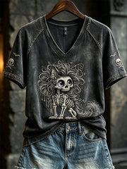 Women's Gothic Fuzzy Skeleton Cat Print short-sleeved T-shirt