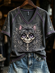 Women's Gothic Fuzzy Skeleton Cat Print short-sleeved T-shirt