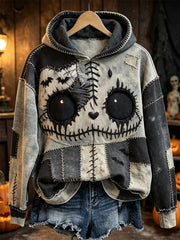 Women's Halloween Spooky Stitched Monster Colorblock Patchwork Print Cozy Hoodie