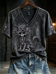 Women's Gothic Fuzzy Skeleton Cat Print short-sleeved T-shirt