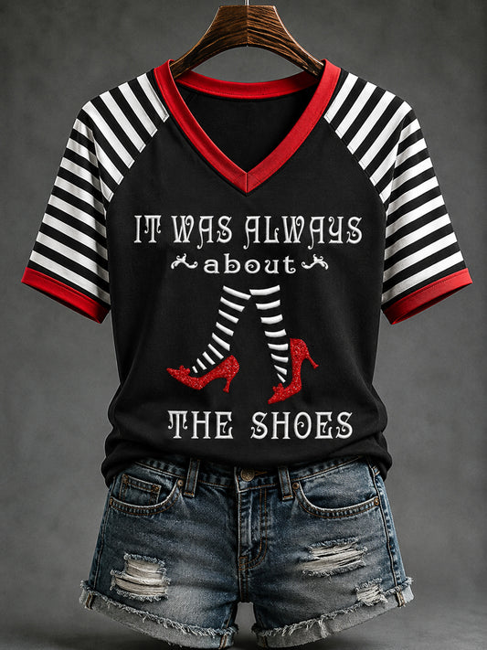 Women's Halloween It Was Always About The Shoes Print Casual V-Neck Tee
