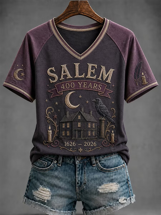 Women's Salem 400th Anniversary Witch Printed V-neck off-shoulder short-sleeved T-shirt