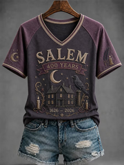 Women's Salem 400th Anniversary Witch Printed V-neck off-shoulder short-sleeved T-shirt