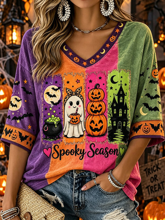 Women's Spooky Season Halloween Pattern Print Mid-length Sleeves V-Neck T-Shirt