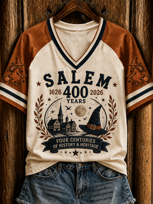 Women's Salem 400th Anniversary Witch Printed V-neck off-shoulder short-sleeved T-shirt
