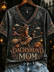 Women's Halloween Fall Dachshund Mom Witch & Dog Print short-sleeved T-shirt