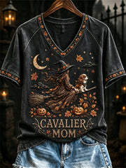 Women's Halloween Fall Cavalier Mom Witch & Dog Print short-sleeved T-shirt