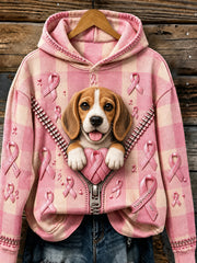 Women's Vintage Pink Ribbon & Beagle Print Cozy Hoodie