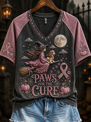 Women's Breast Cancer Awareness Halloween Witch & Cavalier Dog Print short-sleeved T-shirt