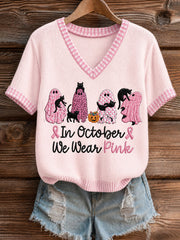 Women's Breast Cancer Cat Art Short-Sleeved T-shirt