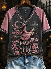 Women's Breast Cancer Awareness Halloween Witch & Bulldog Print short-sleeved T-shirt