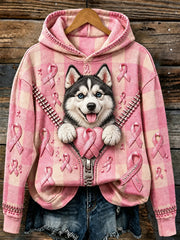 Women's Vintage Pink Ribbon & Dog Print Cozy Hoodie