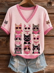 Women's Breast Cancer Cat Art Short-Sleeved T-shirt