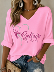 Women's Breast Cancer Mid-length Sleeves V-Neck T-Shirt