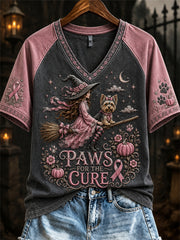 Women's Breast Cancer Awareness Halloween Witch & Yorkshire Dog Print short-sleeved T-shirt