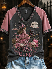 Women's Breast Cancer Awareness Halloween Witch & French Bulldog Print short-sleeved T-shirt