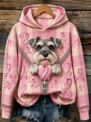 Women's Vintage Pink Ribbon & Dog Print Cozy Hoodie